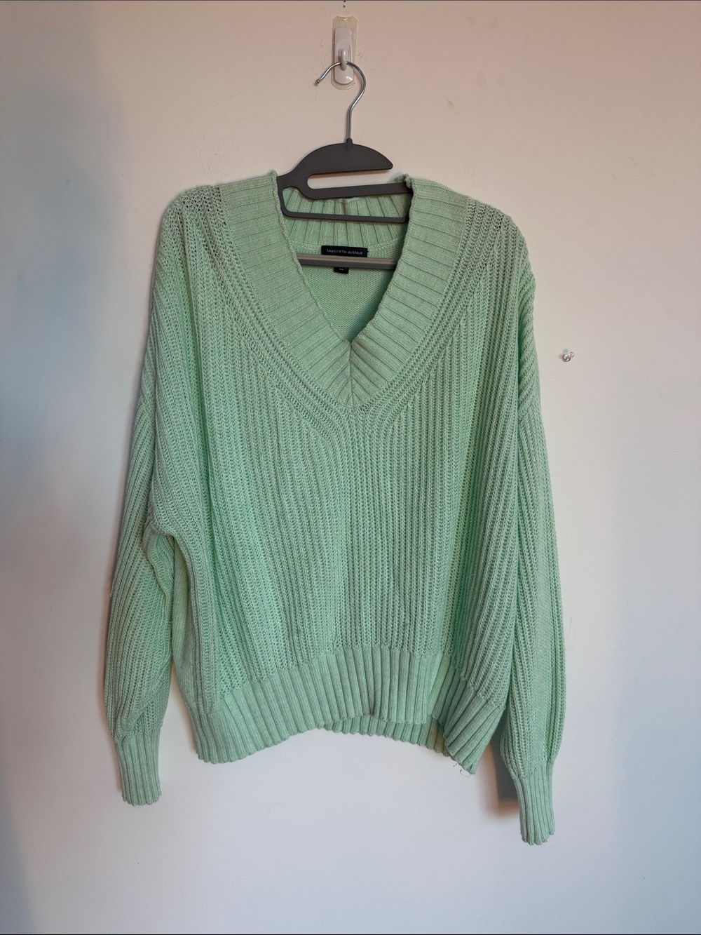 Saks Fifth Pastel Mint V-Neck Ribbed Sweater